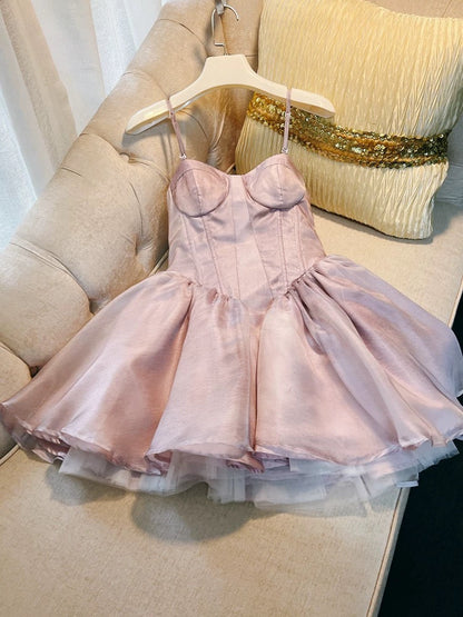 Trendy Ball Gown Spaghetti Straps Pink Tulle Short 8th Grade Homecoming Dress Summer Middle School Hoco Dresses Cocktail Dress Birthday Outfits W967