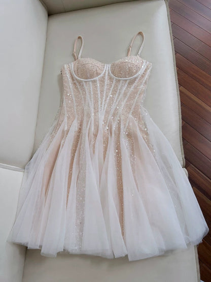Cute A line Spaghetti Straps Champagne Formal Short 8th Grade Homecoming Dress Summer Middle School Hoco Dresses Birthday Outfits W973