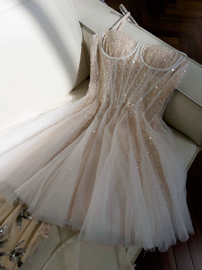 Cute A line Spaghetti Straps Champagne Formal Short 8th Grade Homecoming Dress Summer Middle School Hoco Dresses Birthday Outfits W973