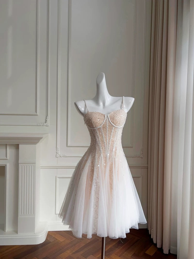 Cute A line Spaghetti Straps Champagne Formal Short 8th Grade Homecoming Dress Summer Middle School Hoco Dresses Birthday Outfits W973