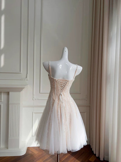 Cute A line Spaghetti Straps Champagne Formal Short 8th Grade Homecoming Dress Summer Middle School Hoco Dresses Birthday Outfits W973