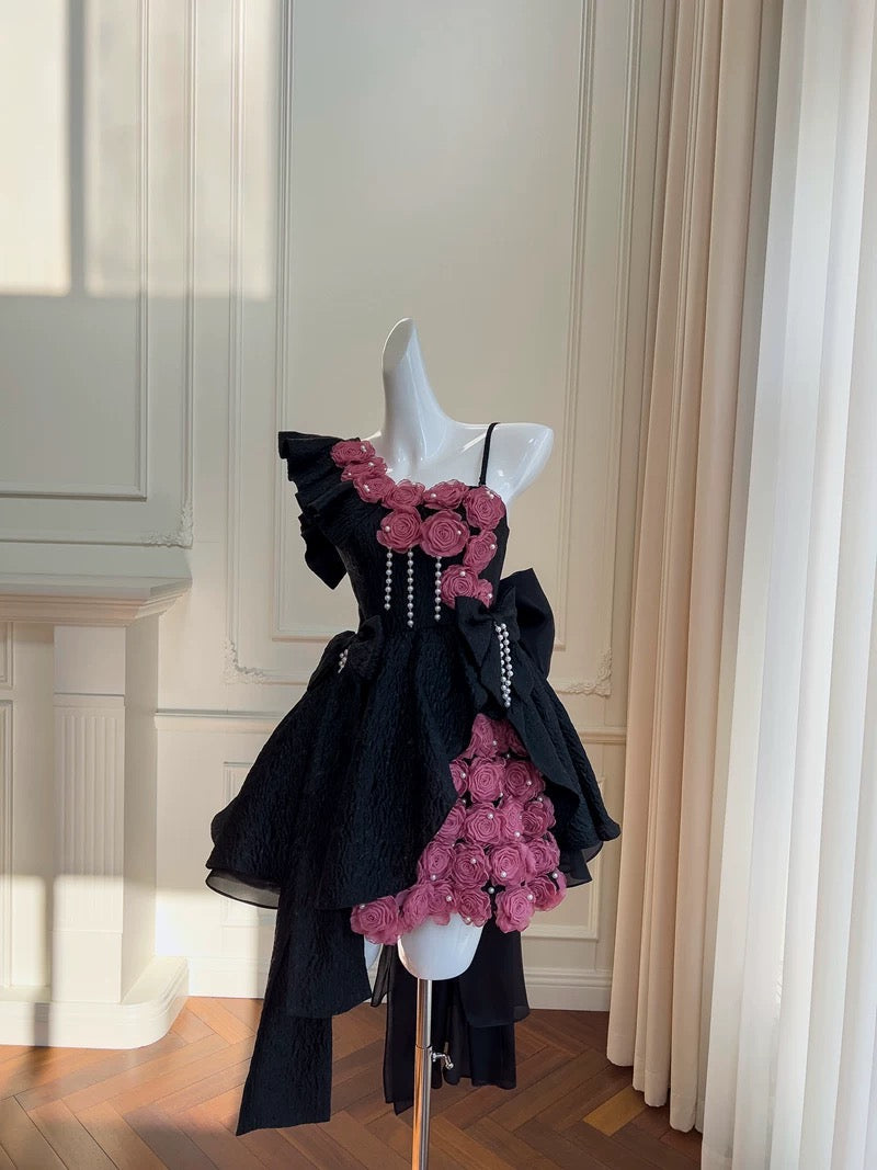Cute Ball Gown Black Lace Flowers Short Summer 18th Birthday Dresses Hoco Dress Mini 21st Birthday Outfit Cocktail Dresses W979