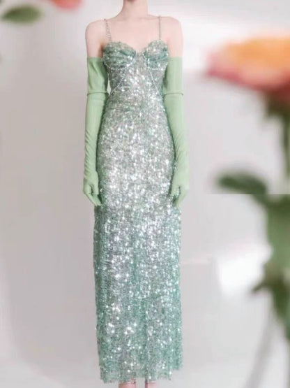 Elegant Sheath Spaghetti Straps Sequin Green Sleeveless Long Evening Party Gowns Evening Formal Dresses Prom Dress W980