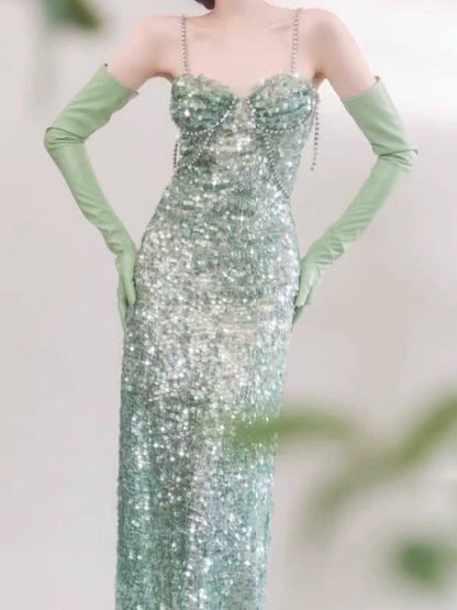 Elegant Sheath Spaghetti Straps Sequin Green Sleeveless Long Evening Party Gowns Evening Formal Dresses Prom Dress W980