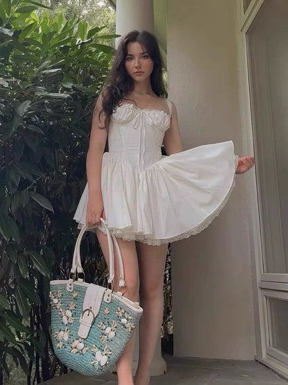 Cute A line Square Neck White Short Homecoming Dress Summer Middle School Formal Hoco Dresses Cocktail Dress Birthday Outfits W981