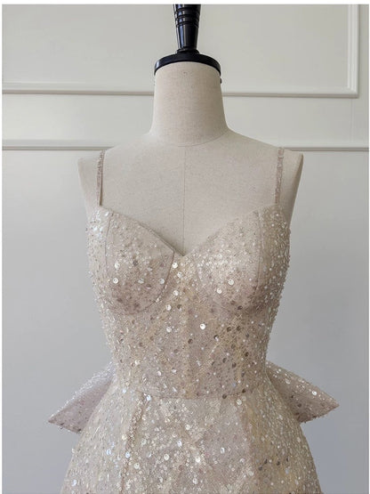 Cute A line Spaghetti Straps Champagne Sequin Formal Short 8th Grade Homecoming Dress Summer Middle School Hoco Dresses Birthday Outfits W982