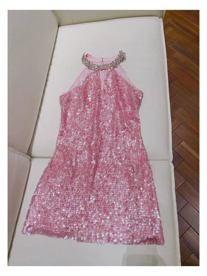 Cute Sheath High Neck Pink Sequin Formal Short 8th Grade Homecoming Dress Summer Middle School Hoco Dresses Birthday Outfits W985