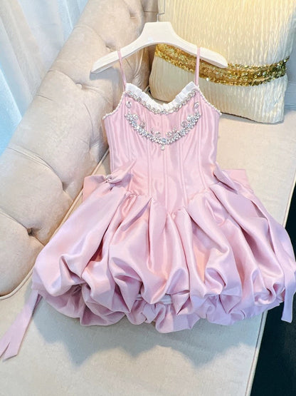 Trendy Ball Gown Spaghetti Straps Pink Satin Sleeveless Formal Short 8th Grade Homecoming Dress Summer Middle School Hoco Dresses Cocktail Dress Birthday Outfits W986