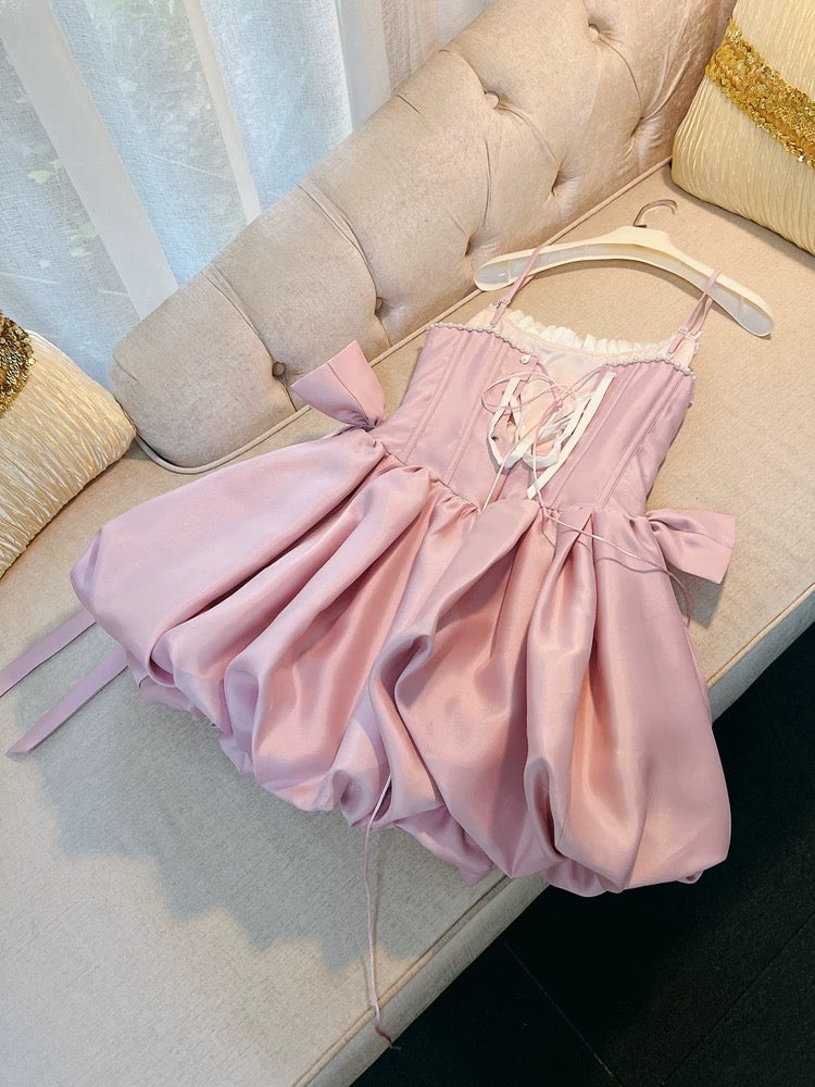 Trendy Ball Gown Spaghetti Straps Pink Satin Sleeveless Formal Short 8th Grade Homecoming Dress Summer Middle School Hoco Dresses Cocktail Dress Birthday Outfits W986