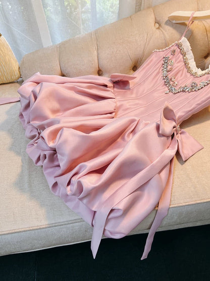 Trendy Ball Gown Spaghetti Straps Pink Satin Sleeveless Formal Short 8th Grade Homecoming Dress Summer Middle School Hoco Dresses Cocktail Dress Birthday Outfits W986