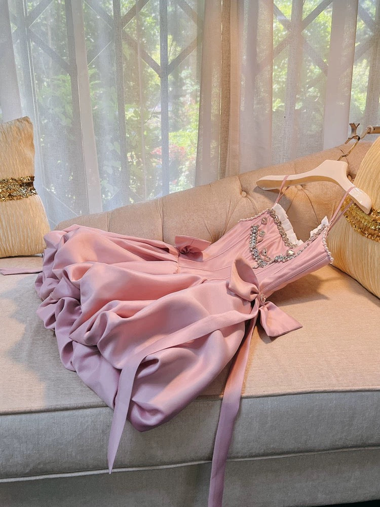 Trendy Ball Gown Spaghetti Straps Pink Satin Sleeveless Formal Short 8th Grade Homecoming Dress Summer Middle School Hoco Dresses Cocktail Dress Birthday Outfits W986