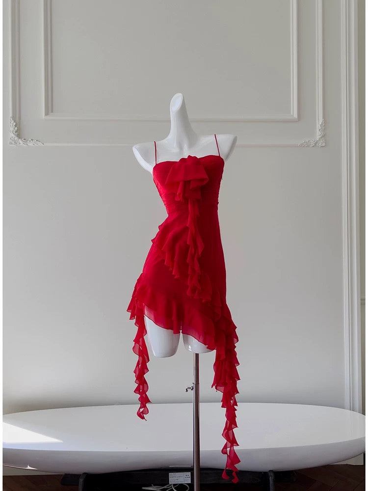 Pretty Sheath Spaghetti Straps Red Chiffon Short 8th Grade Homecoming Dress Summer Middle School Hoco Dresses Cocktail Dress Birthday Outfits W988