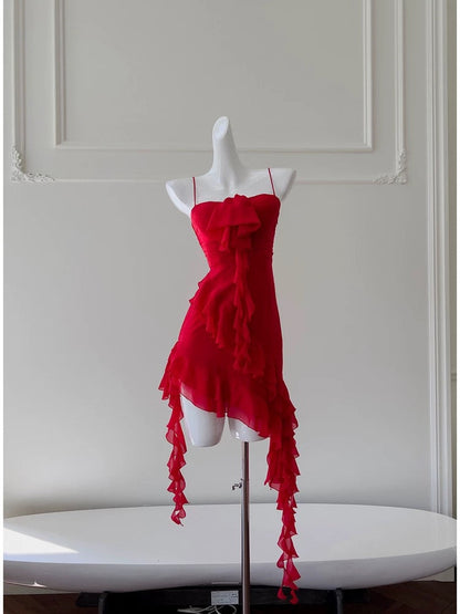 Pretty Sheath Spaghetti Straps Red Chiffon Short 8th Grade Homecoming Dress Summer Middle School Hoco Dresses Cocktail Dress Birthday Outfits W988