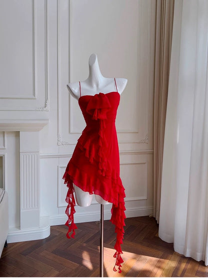 Pretty Sheath Spaghetti Straps Red Chiffon Short 8th Grade Homecoming Dress Summer Middle School Hoco Dresses Cocktail Dress Birthday Outfits W988