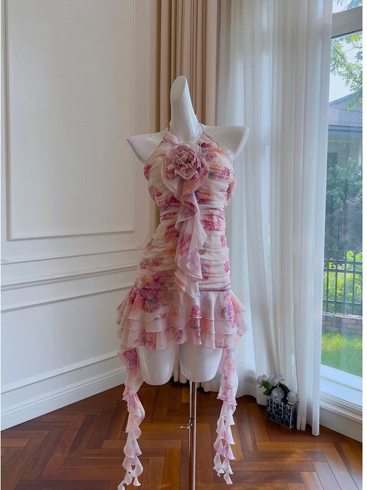 Pretty Sheath Halter Floral Chiffon Ruffles Short 8th Grade Homecoming Dress Summer Middle School Hoco Dresses Cocktail Dress Birthday Outfits W989