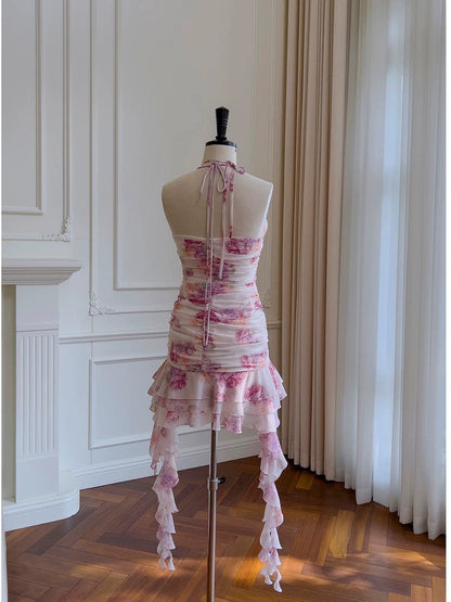 Pretty Sheath Halter Floral Chiffon Ruffles Short 8th Grade Homecoming Dress Summer Middle School Hoco Dresses Cocktail Dress Birthday Outfits W989