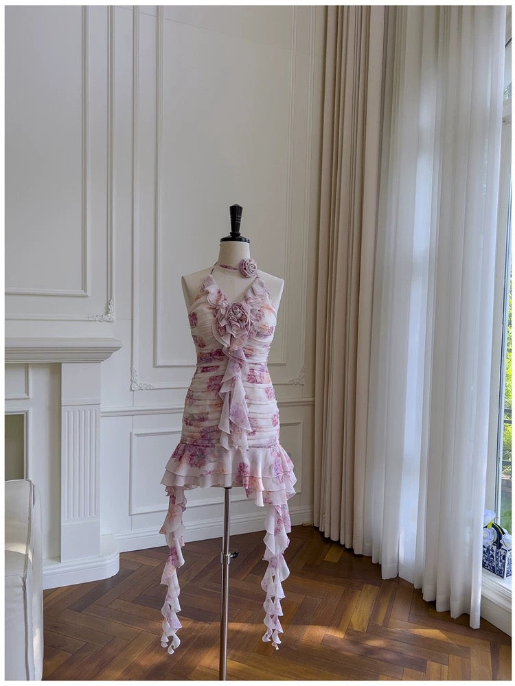 Pretty Sheath Halter Floral Chiffon Ruffles Short 8th Grade Homecoming Dress Summer Middle School Hoco Dresses Cocktail Dress Birthday Outfits W989