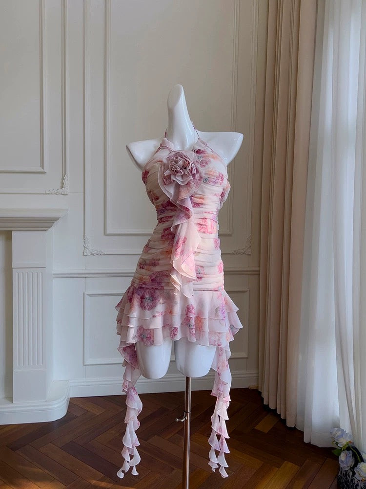 Pretty Sheath Halter Floral Chiffon Ruffles Short 8th Grade Homecoming Dress Summer Middle School Hoco Dresses Cocktail Dress Birthday Outfits W989