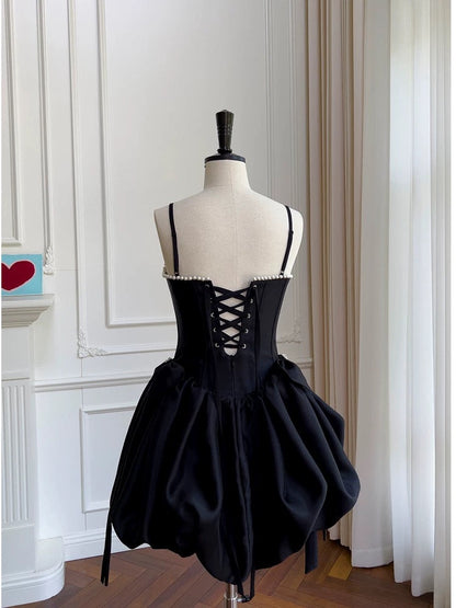 Elegant A line Spaghetti Straps Little Black Dress Satin Sleeveless Formal Short 8th Grade Homecoming Dress Summer Middle School Hoco Dresses Cocktail Dress Birthday Outfits W990