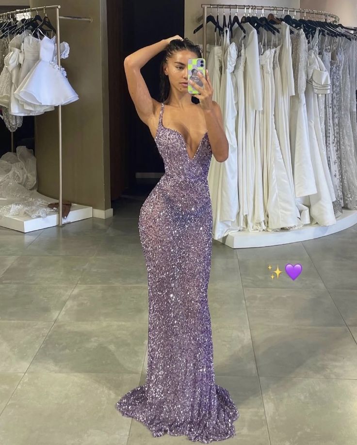 Sexy Mermaid Spaghetti Straps Lilac Sequin Prom Dresses Party Dress Summer 20th Birthday Outfits Birthday Dresses W993