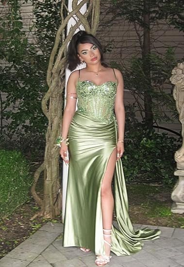 Sexy Mermaid Spaghetti Straps Mint Green Satin Slit Prom Dresses Party Dress Summer 20th Birthday Outfits Birthday Dresses W994