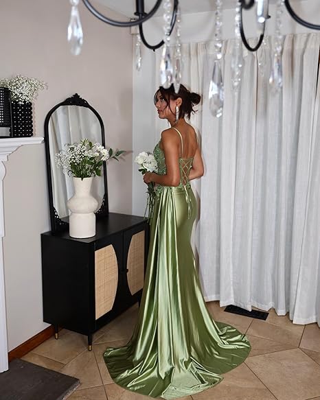 Sexy Mermaid Spaghetti Straps Mint Green Satin Slit Prom Dresses Party Dress Summer 20th Birthday Outfits Birthday Dresses W994