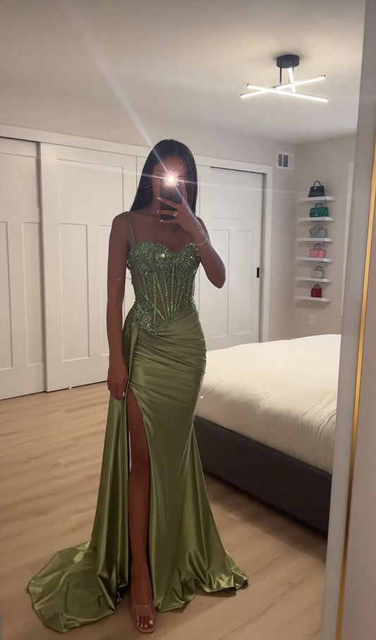 Sexy Mermaid Spaghetti Straps Mint Green Satin Slit Prom Dresses Party Dress Summer 20th Birthday Outfits Birthday Dresses W994