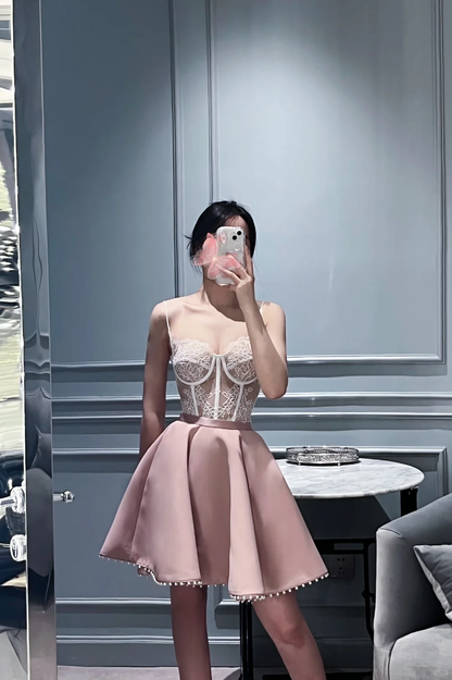 Cute A line Spaghetti Straps Pink Formal Short 8th Grade Homecoming Dress Summer Middle School Hoco Dresses Birthday Outfits W998