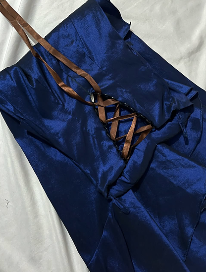 Vintage A Line Sweetheart Neck Ruffle Navy Blue Satin Prom Dress Graduation Prom Dress SH2590