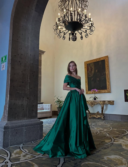 Gentle Green A Line One Shoulder Satin Long Prom Dress Evening Dress SH2502