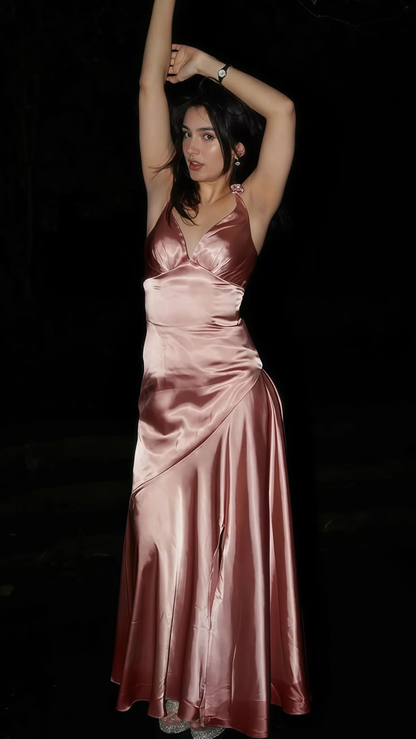 Simple Pink V-Neck Satin Floor Length Prom Dress Bridesmaid Dress S190