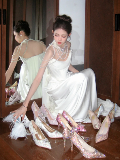 Pretty Wedding Dress Sheath Strapless Satin Sleeveless White Wedding Dresses Bridal Gowns With Cape WD0071