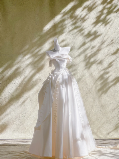 Pretty Wedding Dress Ball Gown Off The Shoulder Ivory Satin Long Wedding Dresses Bridal Gowns WD009