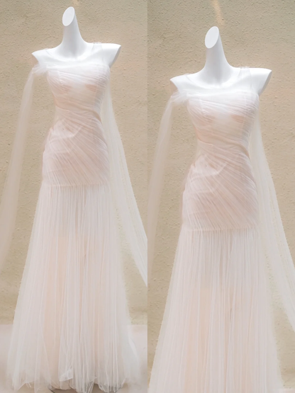 Simple Wedding Dress Mermaid Strapless Light Pink Tulle Long Wedding Dresses Bridal Gowns WD016