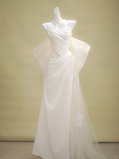 Romantic Bridal Gown Mermaid One Shoulder Ivory Satin Wedding Dresses Minimalist Bridal Gowns WD018