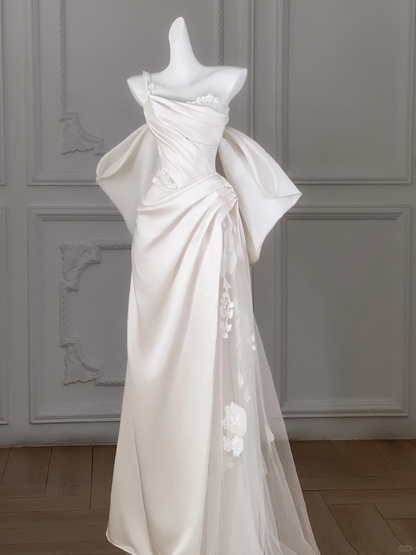 Romantic Bridal Gown Mermaid One Shoulder Ivory Satin Wedding Dresses Minimalist Bridal Gowns WD018