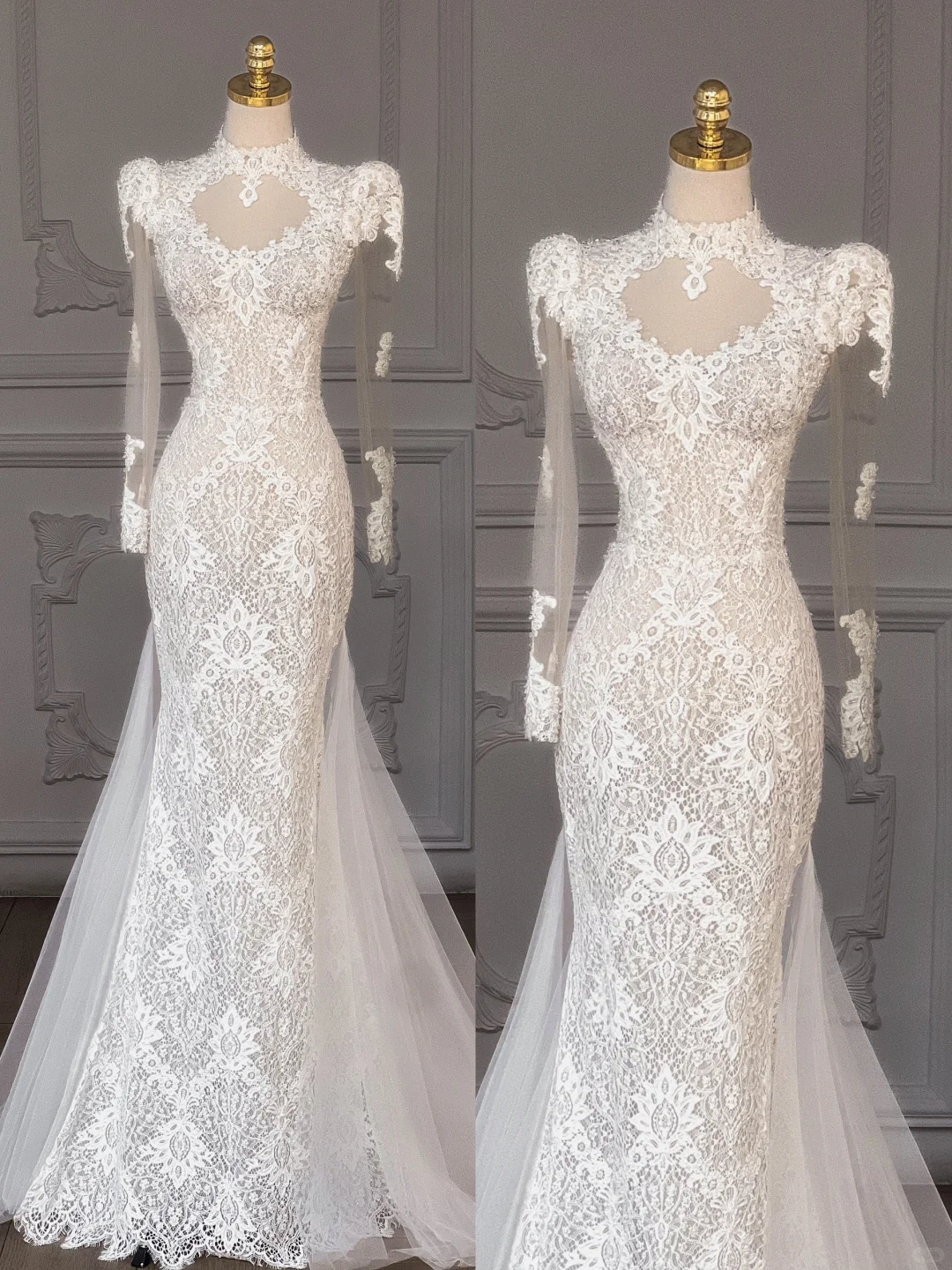 Pretty Wedding Dress Mermaid Long Sleeves Lace Summer White Wedding Dresses Bridal Gowns WD022