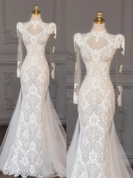 Pretty Wedding Dress Mermaid Long Sleeves Lace Summer White Wedding Dresses Bridal Gowns WD022