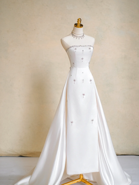 Dreamy Wedding Dress Sheath Strapless White Satin Summer Long Wedding Dresses Bridal Gowns With Cape WD023