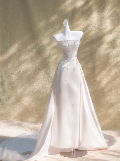 Dreamy Wedding Dress Sheath Strapless White Satin Summer Long Wedding Dresses Bridal Gowns With Cape WD023