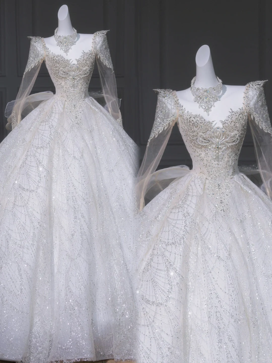 Rustic Wedding Dress Ball Gown V Neck White Sequins Long Wedding Dresses Summer Brides Dress Bridal Gowns WD024