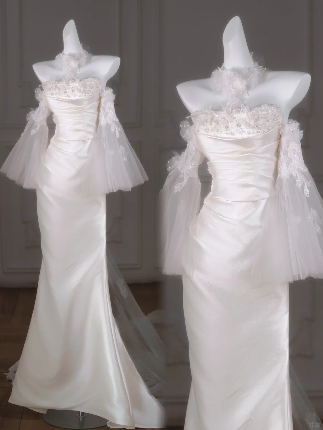 Dreamy Wedding Dress Mermaid Off The Shoulder White Satin Summer Long Wedding Dresses Bridal Gowns With Sleeves WD025