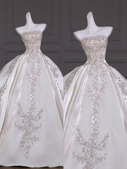 Pretty Wedding Dress Ball Gown Strapless Satin Long Appliques White Wedding Dresses Bridal Gowns WD028