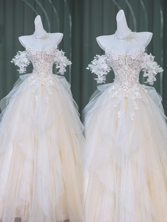 Dreamy Wedding Dress Ball Gown Off The Shoulder White Tulle Summer Long Wedding Dresses Bridal Gowns With Sleeves WD029