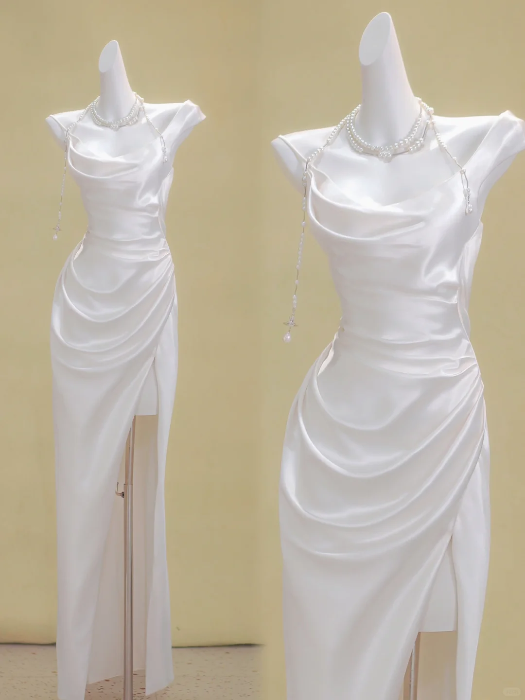 Dreamy Wedding Dress Sheath Spaghetti Straps White Satin Slit Summer Long Wedding Dresses Bridal Gowns WD030