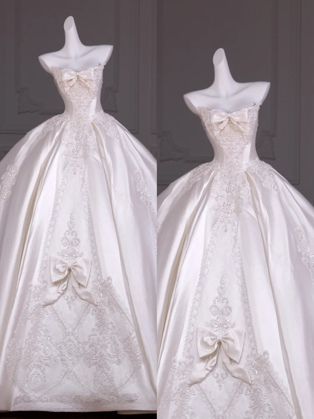 Pretty Wedding Dress Ball Gown Strapless Satin Long Appliques White Wedding Dresses Bridal Gowns With Bow-knot WD031