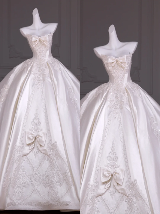 Pretty Wedding Dress Ball Gown Strapless Satin Long Appliques White Wedding Dresses Bridal Gowns With Bow-knot WD031