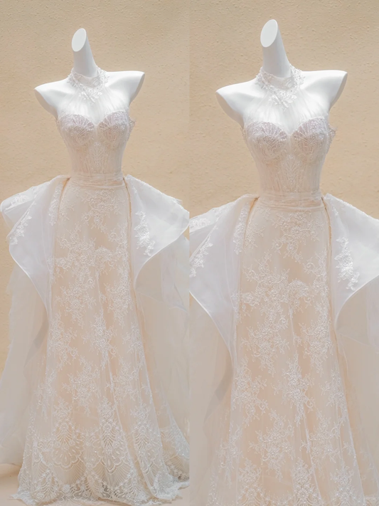 Pretty Wedding Dress Sheath High Neck Lace Long Wedding Dresses Summer Country Bridal Gowns WD033