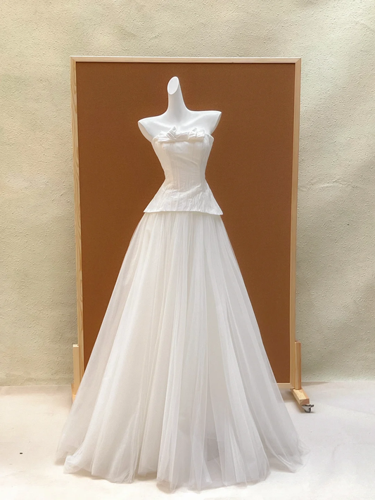 Rustic Wedding Dress Ball Gown Strapless White Tulle Summer Long Wedding Dresses Brides Dress Bridal Gowns WD038