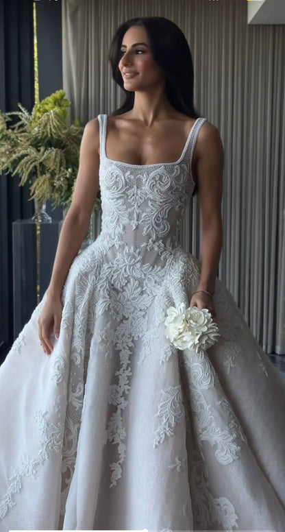 Pretty Wedding Dress Ball Gown Square Neck Lace Long White Wedding Dresses Bridal Gowns WD046